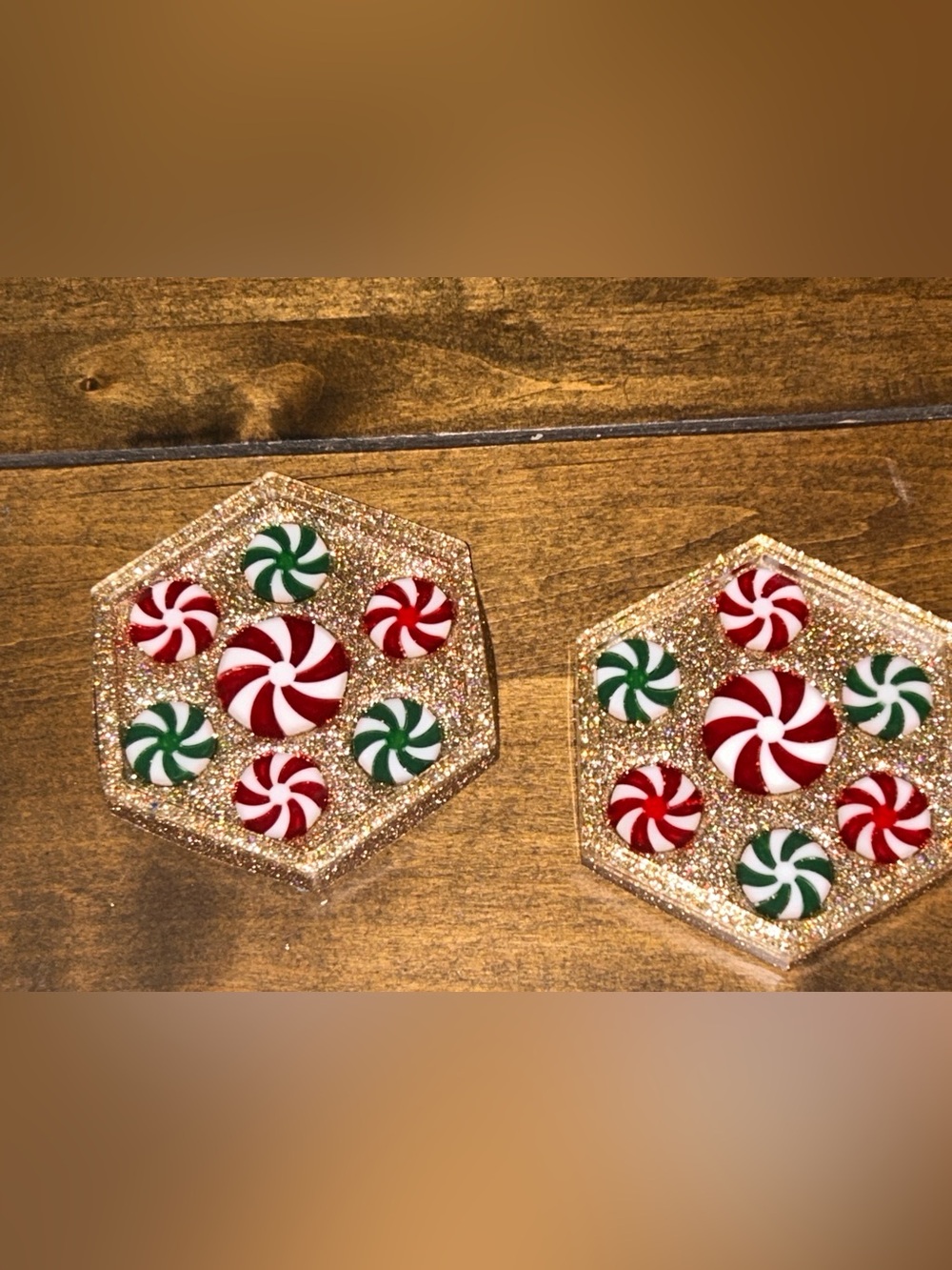 (2) Holiday Trinket Tray /Coasters Set - Gold Glitter Red Green Christmas Candy